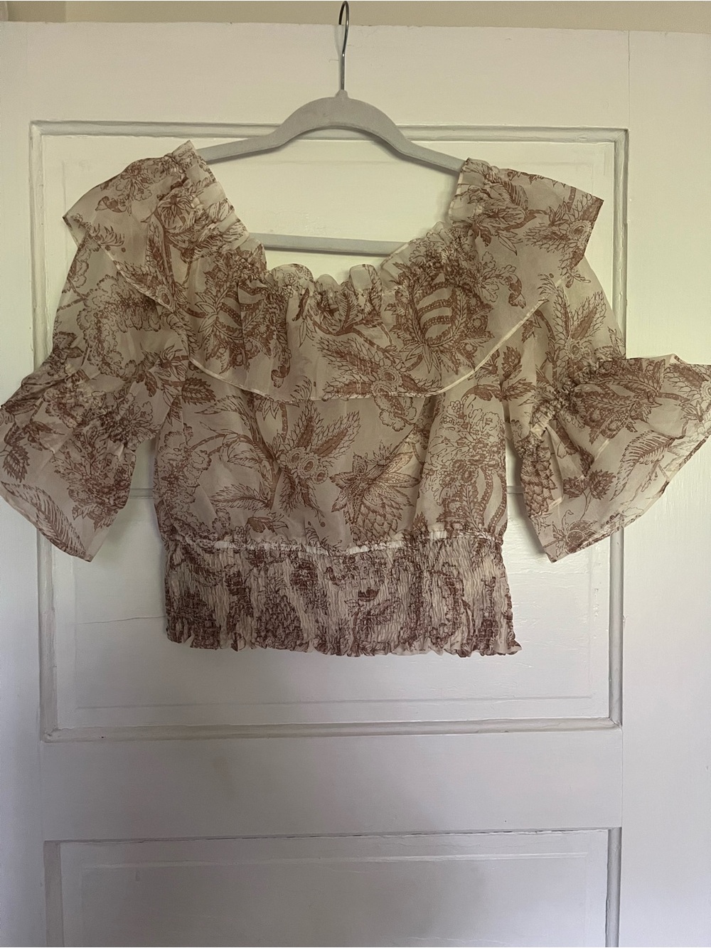 Floral Ruffle Off-Shoulder Peasant Top - Cream/Brown
